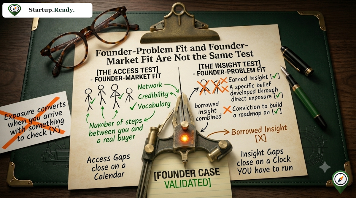 Startup framework illustrating the difference between founder-problem fit and founder-market fit, highlighting customer insight, market access, founder conviction, and startup validation.