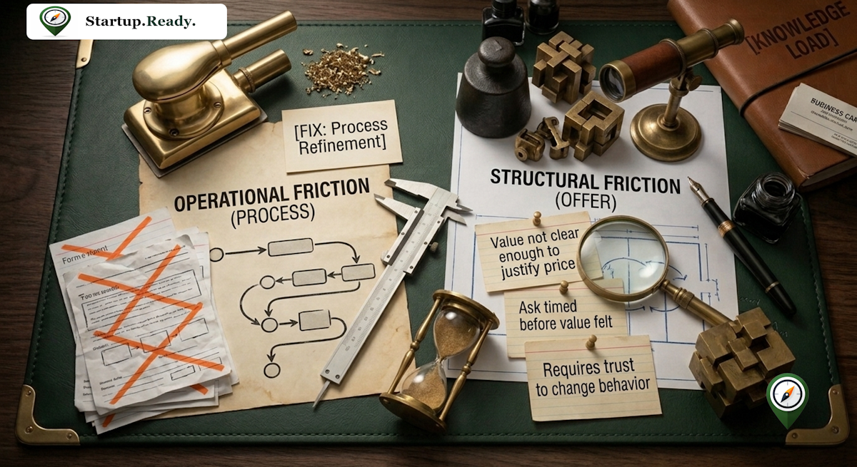 Startup diagnostic illustration comparing process-level operational friction fixed by process refinement against offer-level structural friction caused by unclear value, premature asks, and high trust requirements.