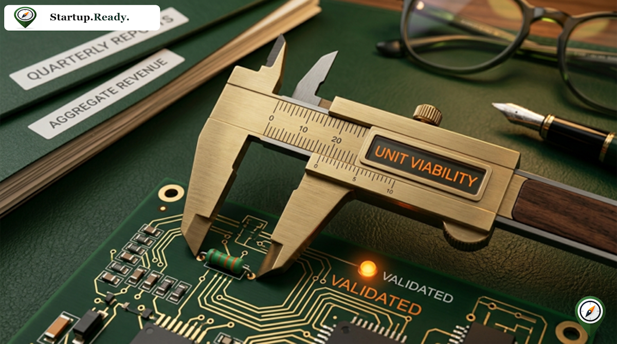 Startup financial validation illustration measuring unit viability at the component level, validating unit economics over high-level aggregate revenue and quarterly reports.