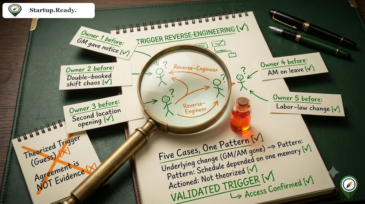 Startup customer research illustration explaining trigger reverse-engineering, customer interviews, buying triggers, market validation, customer behavior analysis, and founder-led customer discovery.