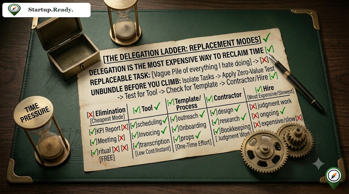 Startup customer research illustration explaining the delegation ladder replacement modes, unbundling replaceable tasks before hiring, and evaluating modes from cheap elimination to expensive contractors.