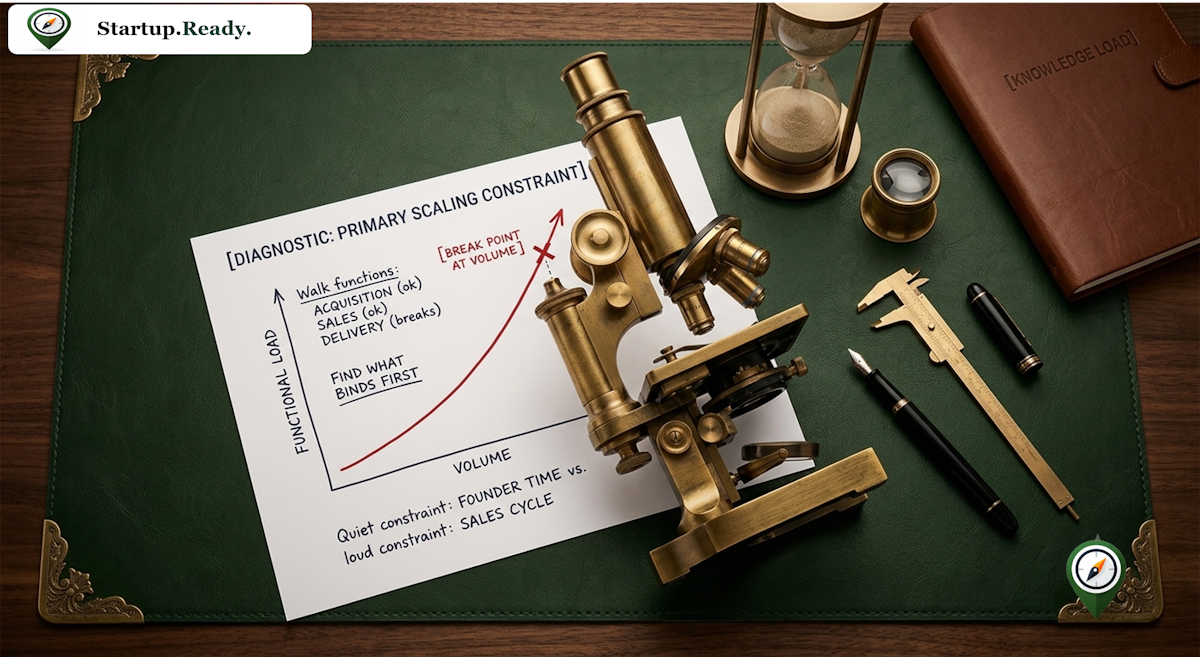 Startup scaling diagnostic illustration mapping functional load against volume to find primary scaling constraints, contrasting quiet constraints like founder time against loud constraints like sales cycle length.