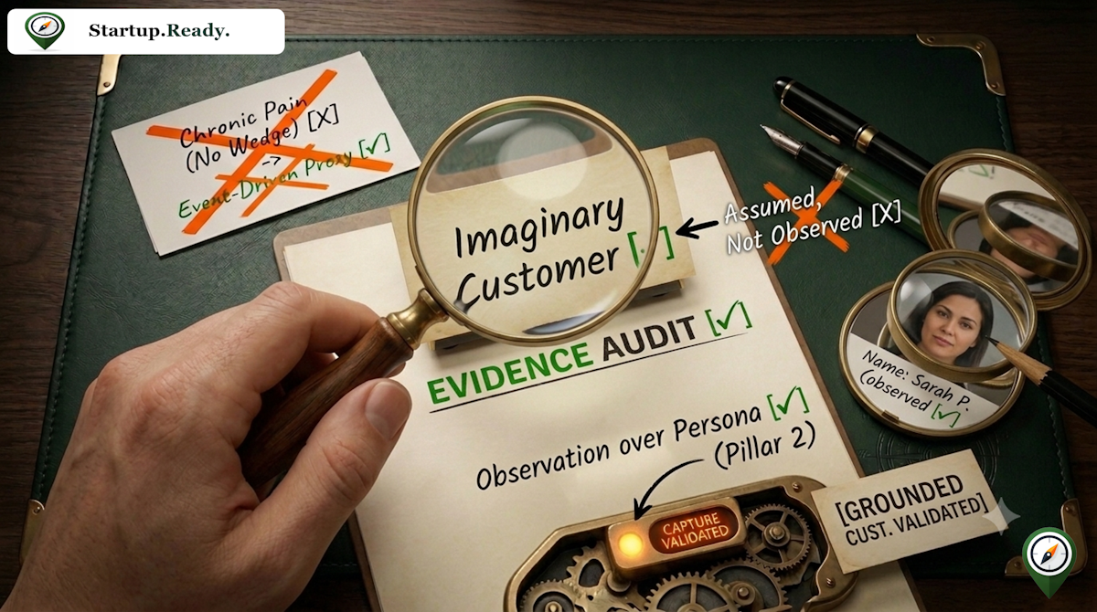 Customer validation framework illustrating how startup founders identify imaginary customer personas, audit customer evidence, validate assumptions, and build evidence-based ideal customer profiles.