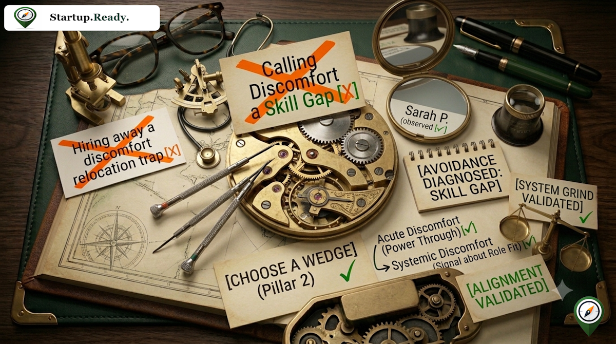 Startup customer research illustration explaining avoidance diagnosis, distinguishing discomfort from a true skill gap, role fit signals, and founder task alignment validation.