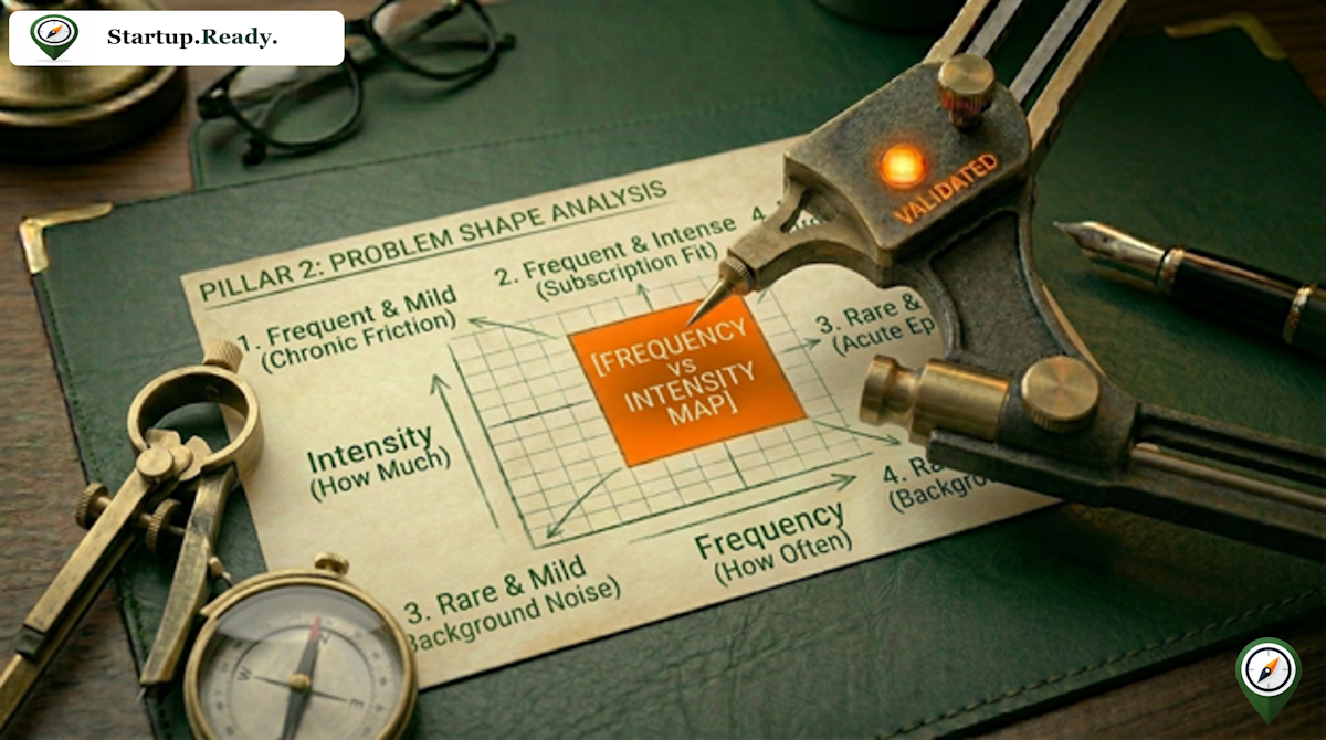 Startup customer research illustration explaining problem shape analysis, mapping frequency against intensity to identify frequent and intense subscription-fit opportunities versus rare and mild background noise.