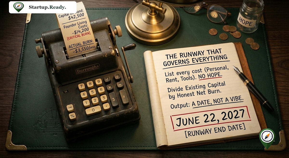 Startup runway governance illustration explaining total cost accounting, critical burn isolation, capital-to-burn division, objective runway end date derivation, and hope-based financial planning elimination.