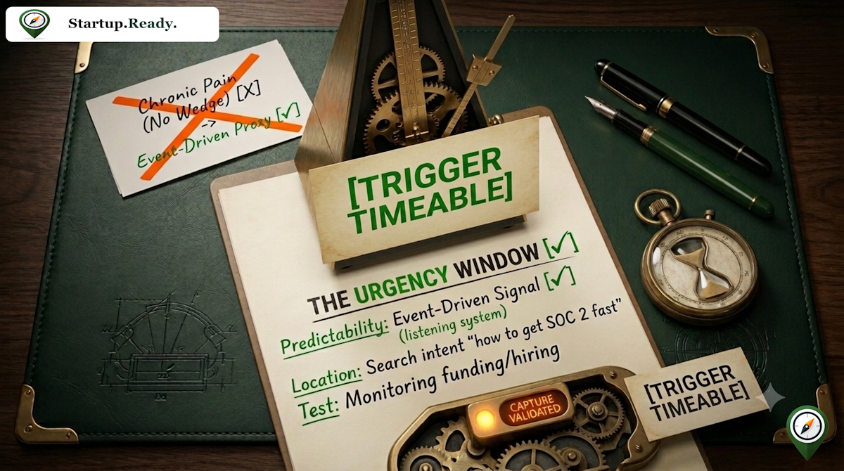 Startup customer research illustration explaining the urgency window framework, trigger timetables, event-driven signals, search intent location, and market validation testing.