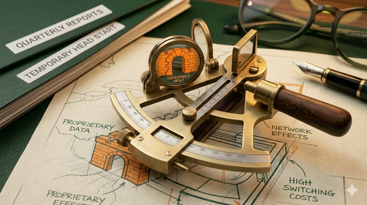 A macro photograph of a professional brass sextant resting on a hand-drawn blueprint of a startup business model. The sextant’s lens reflects a structured stone archway in signal orange labeled ‘DEFENSIBLE MOAT.’ The blueprint below features technical sketches and green ink labels for ‘PROPRIETARY DATA’ and ‘NETWORK EFFECTS.’ In the blurred background, a green folder labeled ‘TEMPORARY HEAD START’ sits on a leather desk mat next to an open fountain pen and glasses. The image uses a forest green and orange palette to contrast fleeting speed with structural business defensibility.