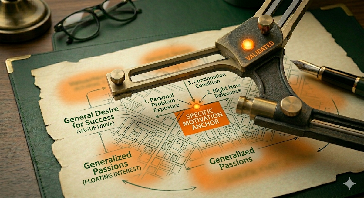 A macro photograph of a vintage brass drafting apparatus positioned over a technical psychological map on cream parchment. The tool points specifically to a solid signal orange square labeled ‘SPECIFIC MOTIVATION ANCHOR.’ Three arrows converge on this anchor, labeled ‘1. Personal Problem Exposure,’ ‘2. Right Now Relevance,’ and ‘3. Continuation Condition.’ Surrounding this central point are blurred, floating orange clouds labeled with forest green text: ‘General Desire for Success (Vague Drive),’ ‘Generalized Passions (Floating Interest),’ and ‘Generalized Passions.’ A glowing orange ‘VALIDATED’ light on the brass tool confirms the central anchor. The scene is set on a dark green leather desk mat with a fountain pen and reading glasses in the background, contrasting precise psychological grounding with vague emotional drive.