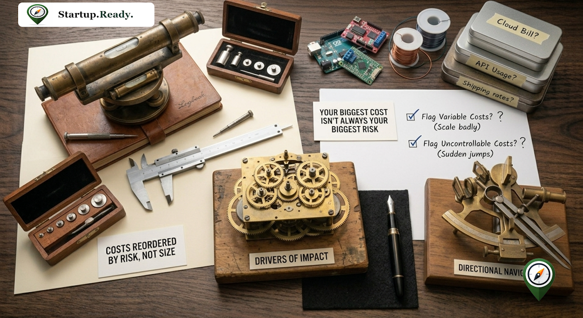 Startup cost analysis illustration explaining cost reordering by risk priority, variable cost scaling threats, uncontrollable cost jump detection, and operational driver impact mapping.