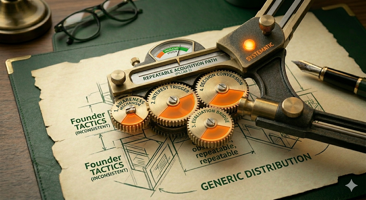 A macro photograph of a professional brass drafting apparatus positioned over a blueprint of a customer acquisition system on a dark forest green desk mat. The mechanical device features a central gear train that has been successfully repaired and completed, now displaying four distinctly labeled, interlocking brass cogs (gears), all perfectly in sequence. Each cog contains an illuminated signal orange sub-segment, clearly and prominently displaying in white text: '1. AWARENESS MECHANISM', '2. INTEREST TRIGGER', '3. EVALUATION BRIDGE', '4. DECISION CONVERSION'. The previously missing label '3. EVALUATION BRIDGE' is now clearly displayed on its own dedicated cog. This corrected sequence is integrated into the central linear measurement gauge labeled 'REPEATABLE ACQUISITION PATH (PILLAR 5)', where a focused indicator points to a marked green 'VALIDATED SYSTEM' zone. The technical drawing beneath retains its previous green-ink annotations of 'FOUNDER TACTICS (INCONSISTENT)' and 'designed, observable, repeatable' properties, and the main blueprint label 'GENERIC DISTRIBUTION'. The background remains out-of-focus with folded reading glasses and an open fountain pen, maintaining the expert's desk aesthetic under warm, directional desk lighting.