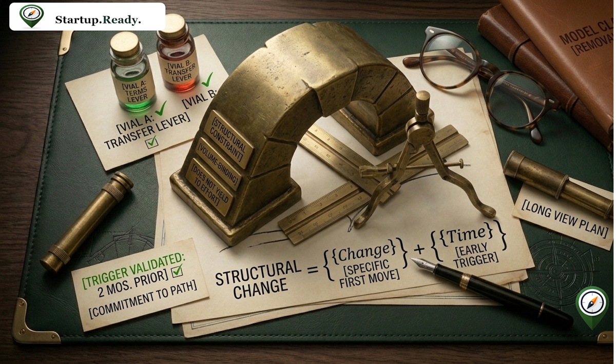 Startup strategy illustration defining structural change as the sum of specific first moves and early time triggers, utilizing terms and transfer levers to overcome volume-binding structural constraints.