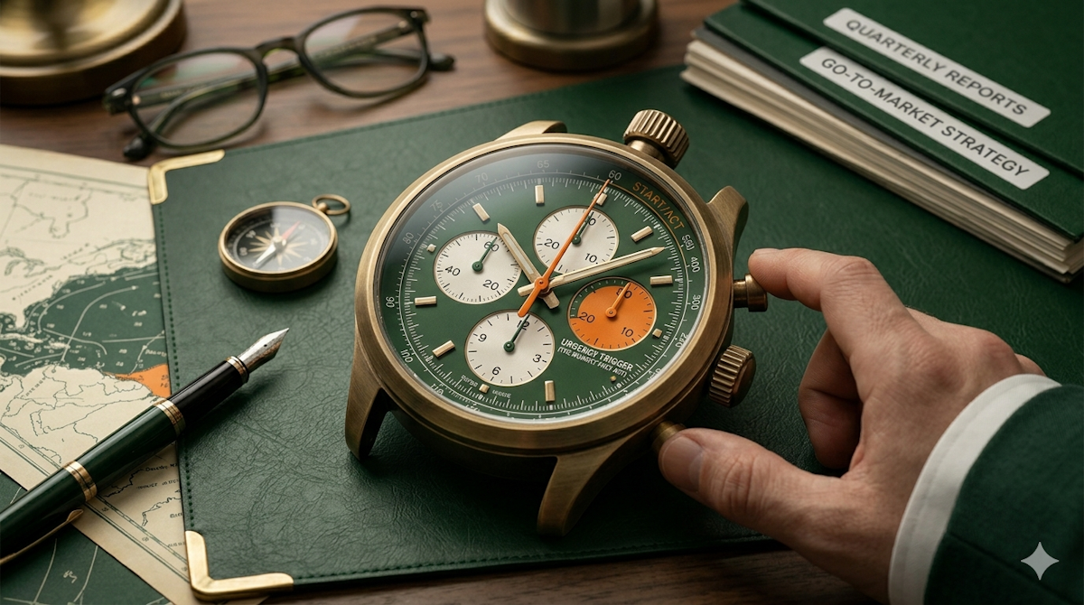 A macro photograph of a professional vintage brass chronograph watch resting on a forest green leather desk mat. A hand in a tailored suit cuff presses the "START/ACT" button, freezing an orange second hand over a dedicated sub-dial labeled ‘URGENCY TRIGGER (THE MOMENT THEY ACT).’ In the blurred background, a stack of green folders labeled ‘GO-TO-MARKET STRATEGY’ and ‘QUARTERLY REPORTS’ sits near a fountain pen and reading glasses. The image uses a signature forest green and signal orange palette to represent the precise timing required for effective customer acquisition.