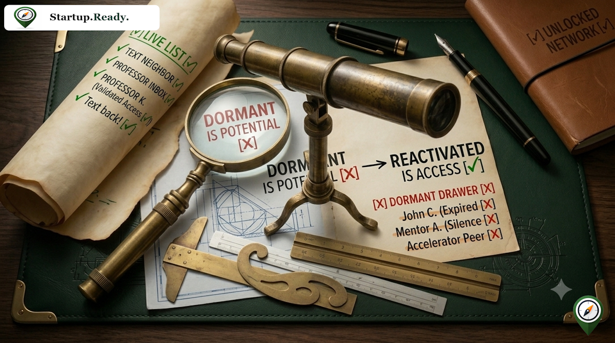 Startup customer research illustration explaining network reactivation, contrasting dormant potential with validated access, live list tracking, and founder outreach execution.