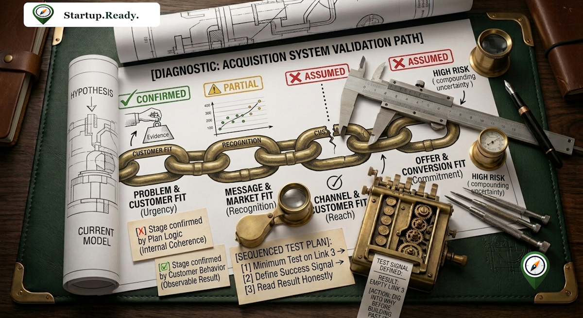 Startup acquisition diagnostic illustration analyzing the customer acquisition chain across problem fit, message fit, channel fit, and offer fit to identify weak assumed links using observable customer behavior over plan logic.