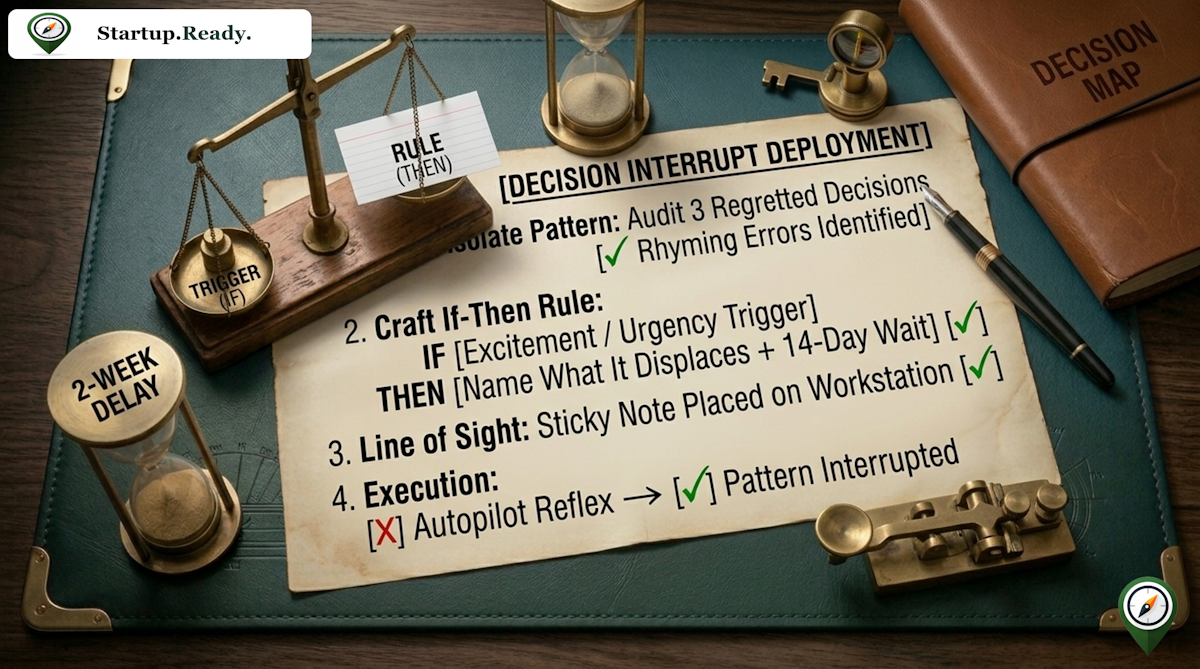 Startup customer research illustration explaining decision interrupt deployment, auditing past regretted decisions, applying a mandatory 14-day delay to excitement triggers, and interrupting autopilot reflexes.