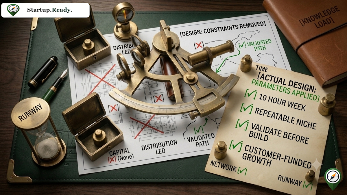 Startup customer research illustration explaining actual design parameter application, validating repeatable niches and customer-funded growth before building, and eliminating unconstrained design paths.