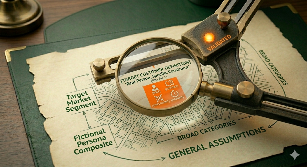 A macro photograph of a vintage brass drafting apparatus with a magnifying lens positioned over a technical map on cream parchment. The lens focuses on a sharp, signal orange square labeled ‘[TARGET CUSTOMER DEFINITION]’ and ‘(PILLAR 1),’ featuring four precise icons for ‘Role,’ ‘Context,’ ‘Constraint,’ and ‘Moment.’ Outside the magnifying lens, the map is labeled with forest green text like ‘Target Market Segment,’ ‘Fictional Persona Composite,’ and ‘Broad Categories,’ all grouped under the heading ‘GENERAL ASSUMPTIONS.’ The drafting tool has a glowing orange ‘VALIDATED’ indicator. The scene is set on a dark green leather desk mat with blurred reading glasses in the background, illustrating the precision required to move from broad market segments to a real, specific customer.