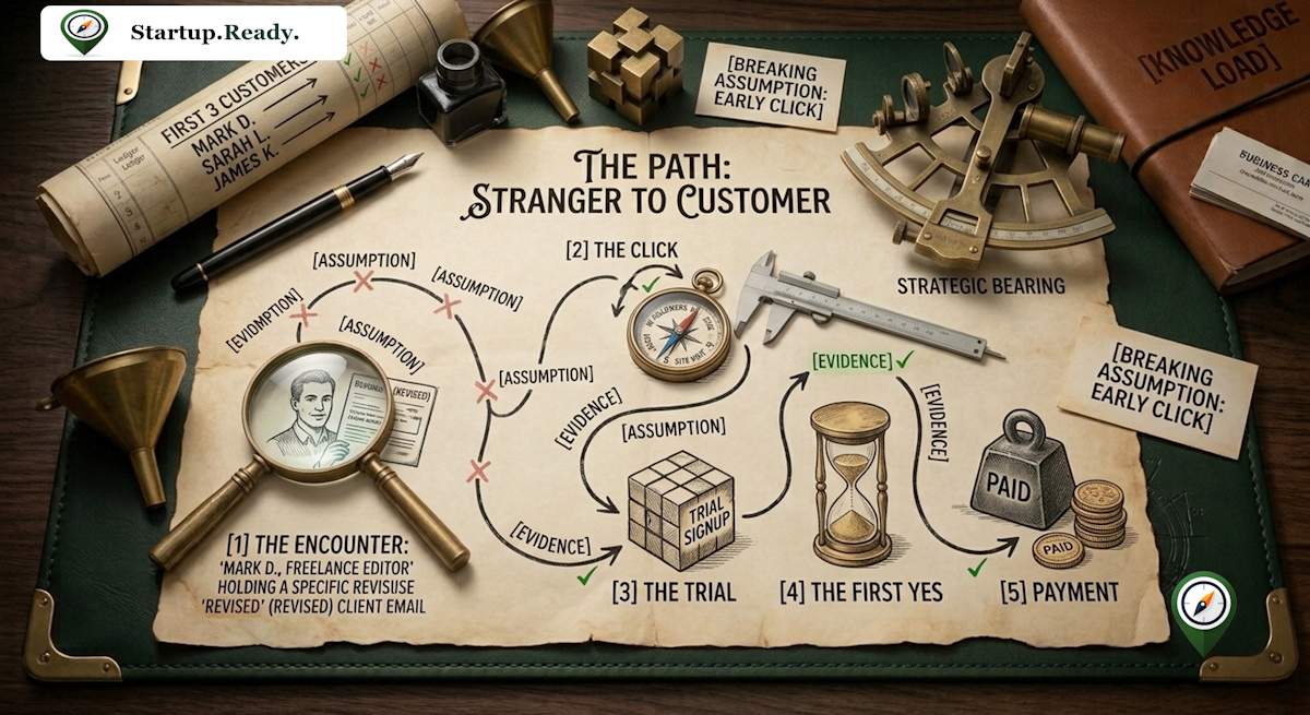 Startup customer journey illustration replacing invalid assumptions with empirical evidence along a five-stage path from initial encounter to trial signup, first yes, and final payment.