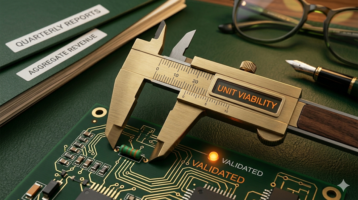 A macro photograph of a heavy brass caliper measuring a single electronic component on a dark forest green circuit board. The caliper features a digital display reading 'UNIT VIABILITY' in glowing orange text. In the blurred background, a stack of green quarterly reports labeled 'AGGREGATE REVENUE' sits on a leather desk mat next to a fountain pen and professional reading glasses. The image uses a forest green and signal orange color palette to visualize the precision required for startup unit economics and financial validation.