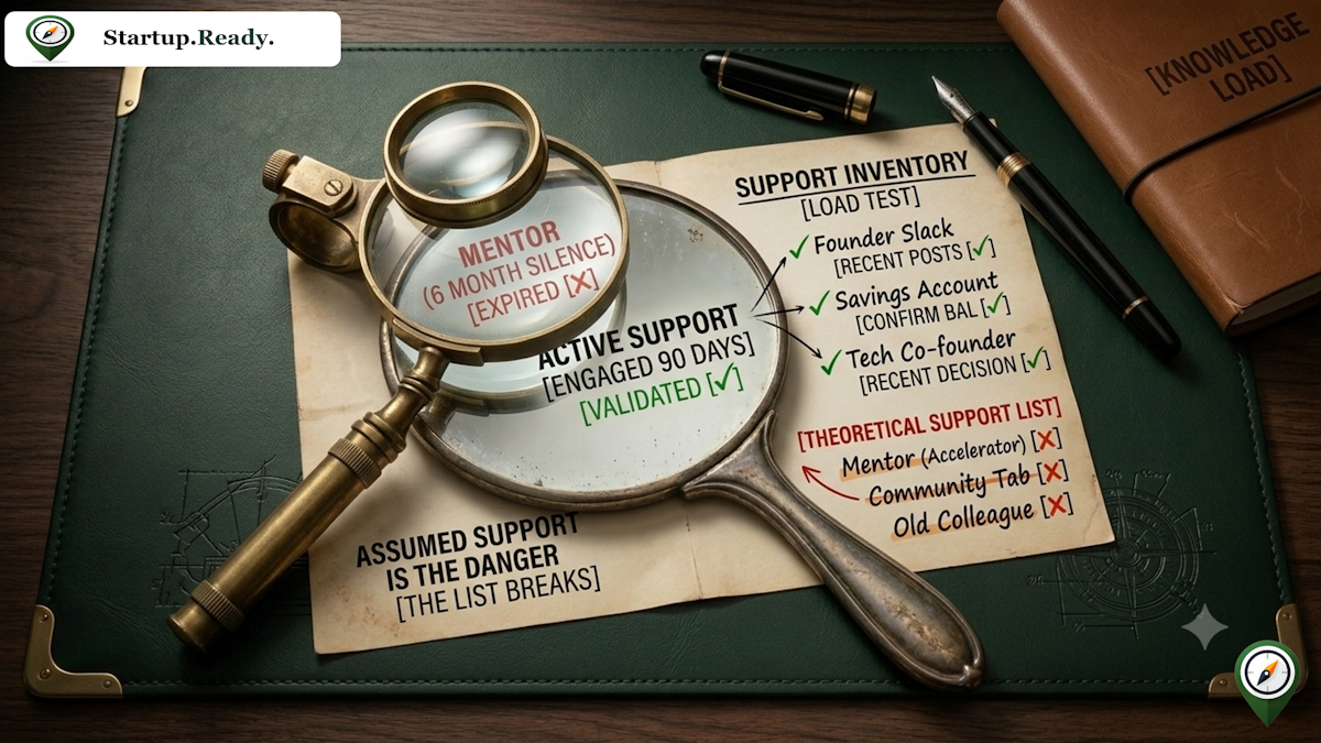 Startup customer research illustration explaining support inventory load tests, active support vs. theoretical support, mentor engagement timelines, and founder network validation.