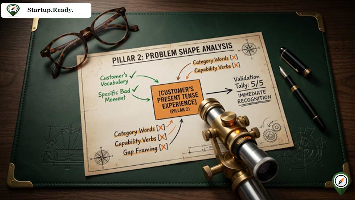 Startup customer research illustration explaining customer present-tense experience validation, prioritizing the customer's vocabulary and specific bad moments while rejecting category words, capability verbs, and gap framing.