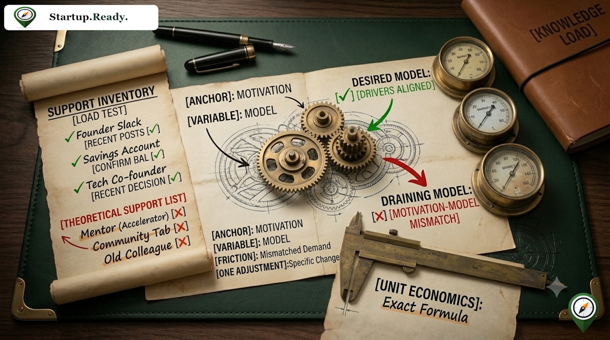 Startup customer research illustration explaining motivation-to-model alignment, contrasting driver-aligned business models with draining motivation-model mismatches, and evaluating unit economics formulas.