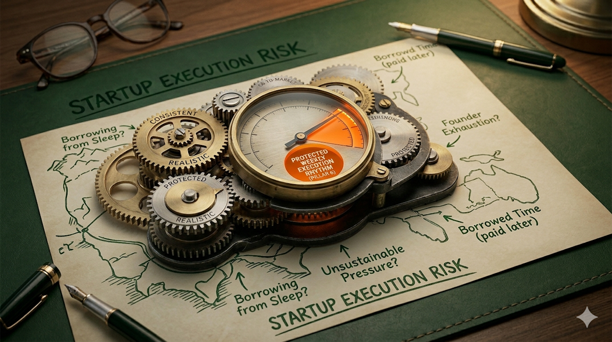 A macro photograph of a heavy, brass-and-steel mechanical chronometer resting on aged parchment over a forest green leather desk mat. The central gauge features a glowing signal orange segment labeled ‘PROTECTED WEEKLY EXECUTION RHYTHM (PILLAR 6).’ Interlocking gears surrounding the gauge are engraved with the words ‘CONSISTENT,’ ‘REALISTIC,’ and ‘PROTECTED.’ The parchment beneath is annotated with sharp green-ink warnings: ‘STARTUP EXECUTION RISK,’ ‘Borrowing from Sleep?,’ ‘Founder Exhaustion?,’ and ‘Borrowed Time (paid later).’ A green fountain pen and a pair of reading glasses frame the composition, visually contrasting the high-risk ‘borrowed time’ model with a structurally supported, validated execution rhythm.