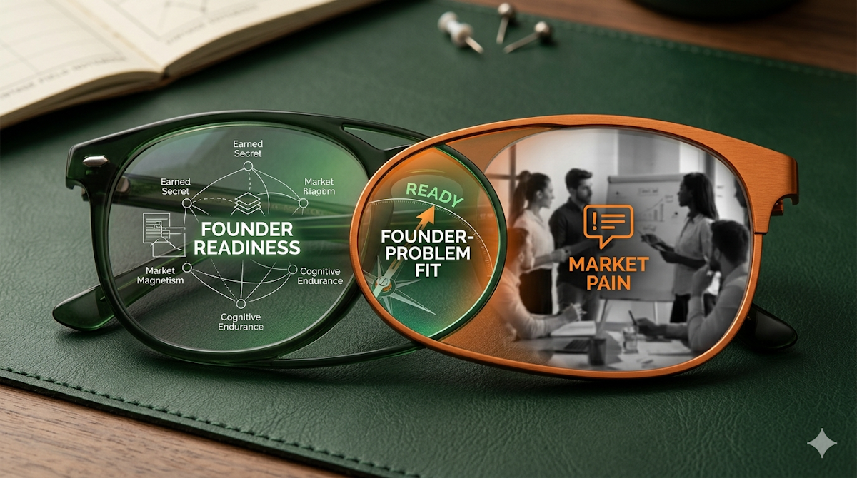 A highly detailed, macro photograph of two pairs of expensive, professional-style eyeglasses (like vintage aviators) with dark forest green frames, sitting slightly overlapped on a deep green leather desk mat. The perspective is looking through both lenses simultaneously. Through the green lens, a complex blueprint is visible in white and orange lines. Through the other (customer reality) lens, a group of people in an OR or job site are visible. Where the lenses overlap, the view becomes a perfectly sharp, harmonious, integrated scene in green and orange tones, showing the successful solution. The lighting is soft and natural. 16:9 aspect ratio.