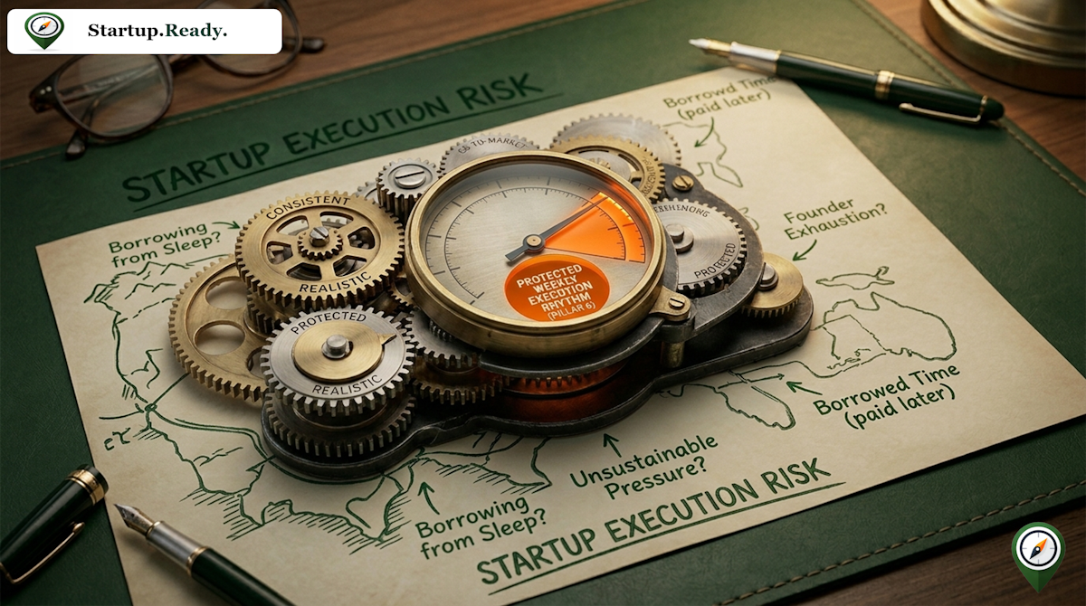 Startup customer research illustration explaining sustainable startup execution risk, contrasting protected weekly execution rhythms with borrowed time, unsustainable pressure, and borrowing from sleep.