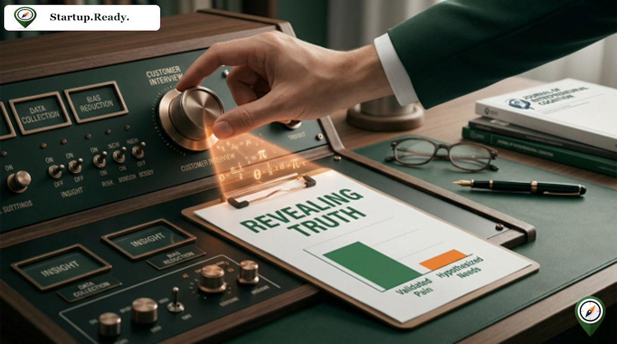 Startup customer research illustration explaining founder-problem fit by bridging founder readiness—incorporating earned secrets, market magnetism, and cognitive endurance—with validated market pain.