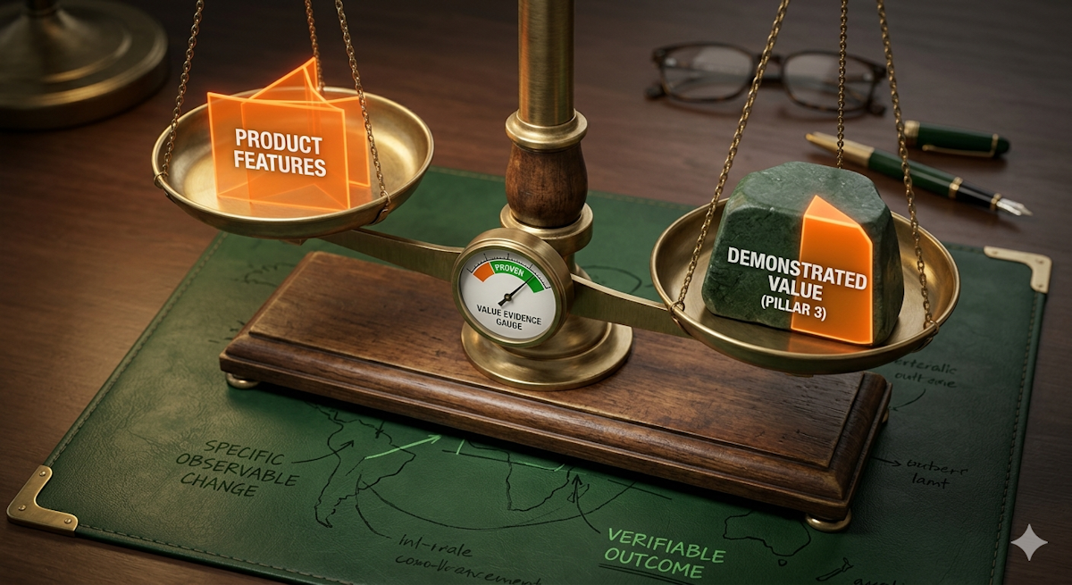 A macro photograph of a vintage brass balance scale resting on a forest green leather desk mat. The left scale pan holds a translucent orange geometric shape labeled ‘PRODUCT FEATURES,’ which is being outweighed by a heavy, solid green stone on the right pan labeled ‘DEMONSTRATED VALUE (PILLAR 3).’ A small gauge on the scale’s base, labeled ‘VALUE EVIDENCE GAUGE,’ has a needle pointing to a green ‘PROVEN’ zone. The desk mat beneath is annotated with green ink phrases like ‘SPECIFIC OBSERVABLE CHANGE’ and ‘VERIFIABLE OUTCOME.’ In the blurred background, a fountain pen and reading glasses maintain the diagnostic, evidence-based aesthetic.