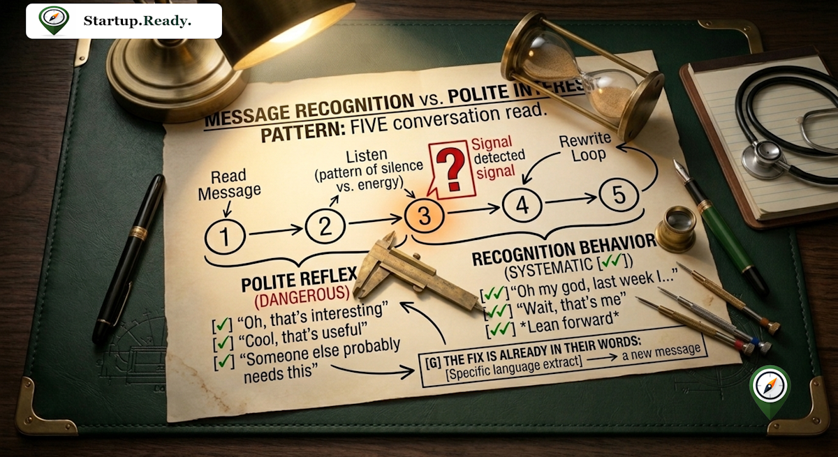 Startup sales messaging diagnostic mapping a five-conversation feedback loop to separate dangerous polite reflexes like "that's interesting" from true recognition behaviors like "wait, that's me" to extract verbatim customer language.