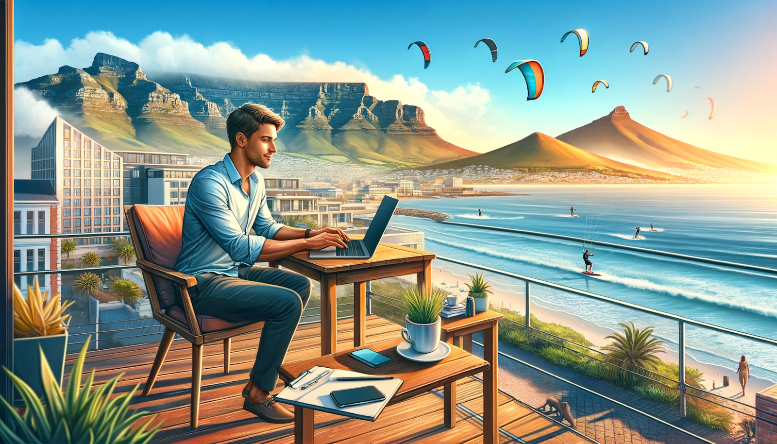 A digital nomad working on a laptop in Cape Town with Table Mountain in the background, highlighting a perfect blend of work and leisure with a sunny atmosphere, beachside café setting, and kitesurfers in the distance.