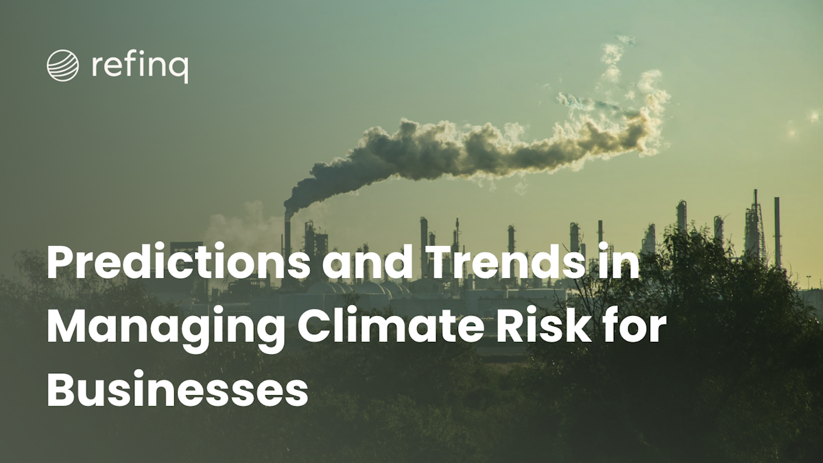 Business leaders reviewing climate risk management strategies using digital climate models and data analytics in a corporate setting