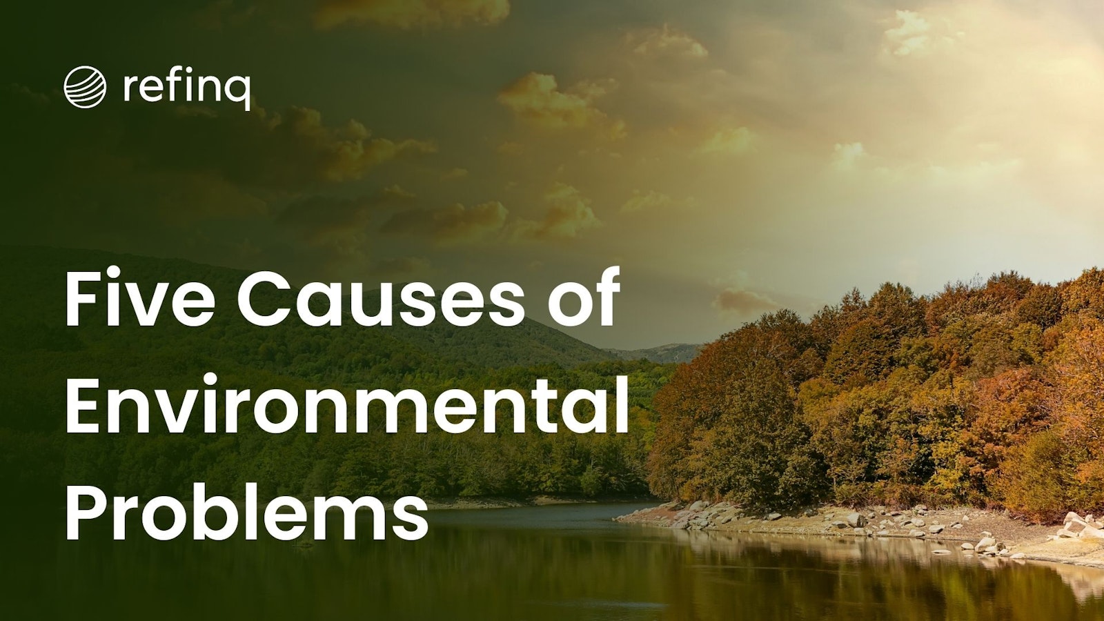 Illustration depicting the five basic causes of environmental problems: pollution, deforestation, climate change, overpopulation, and resource depletion.