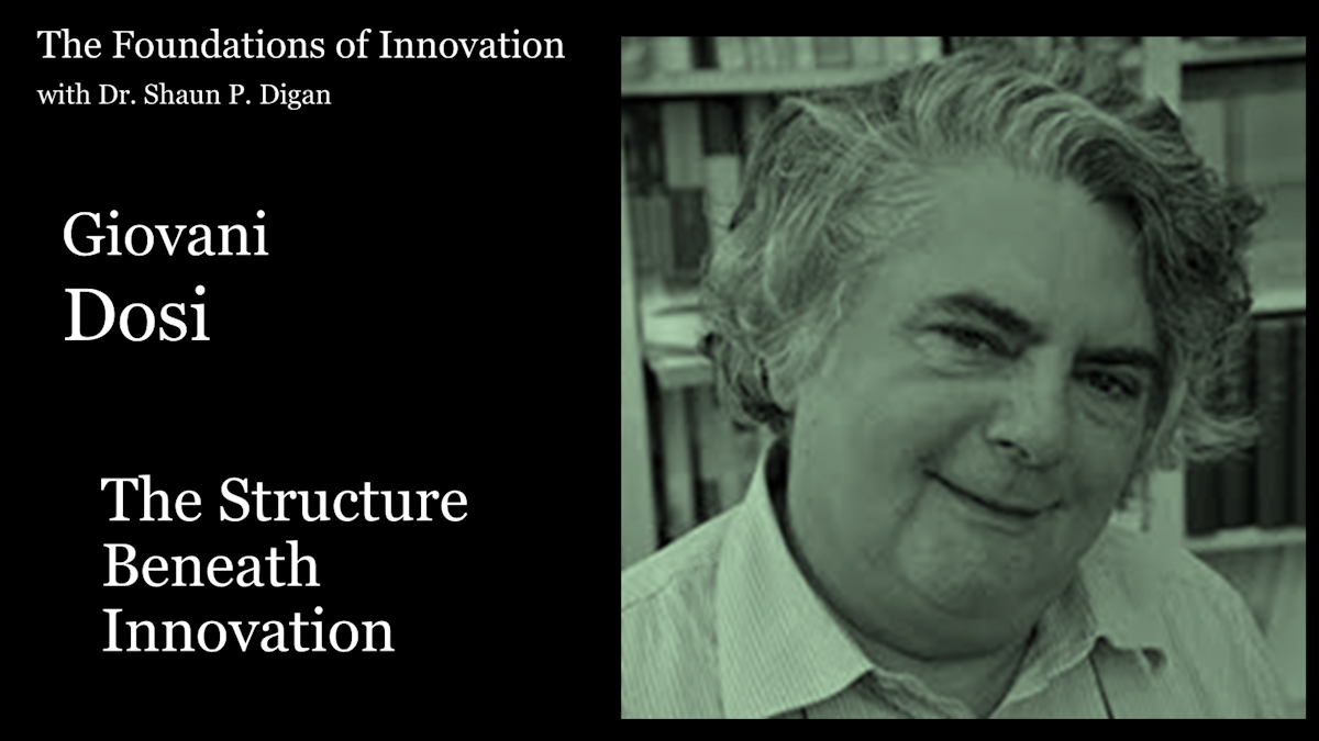 Cover image for “The Foundations of Innovation” featuring Giovanni Dosi’s portrait alongside the title “The Structure Beneath Innovation.”