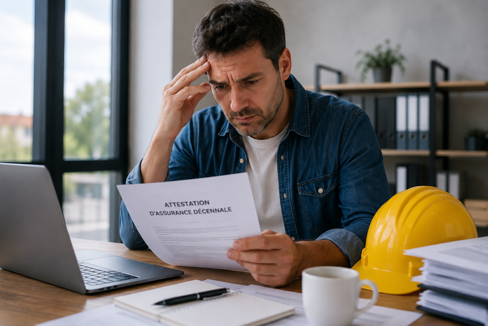 Artisan du bâtiment consultant son contrat d’assurance décennale avant changement d’assureur