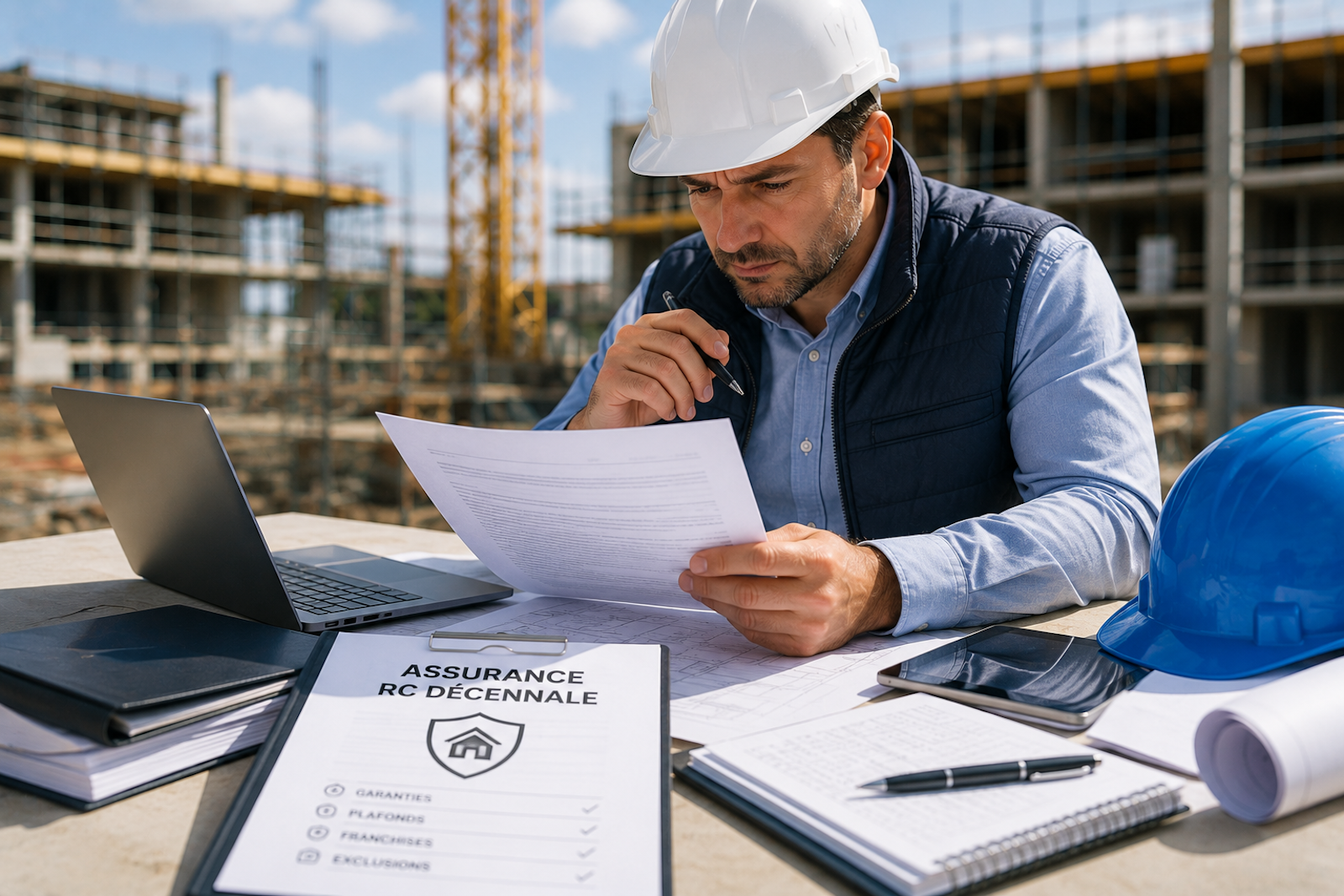 Professionnel du bâtiment comparant plusieurs contrats d’assurance décennale sur un bureau de chantier