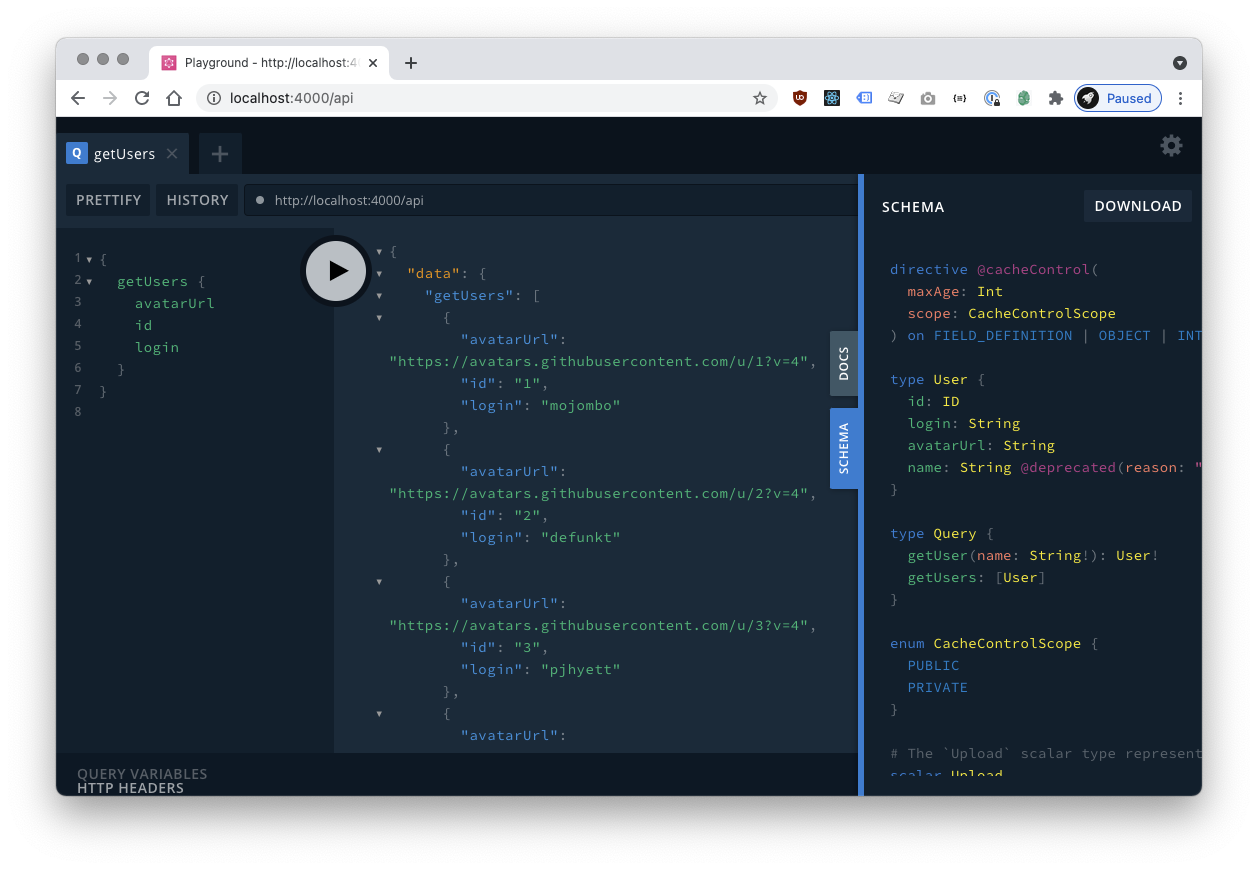 GraphQL Playground, with Schema and Documentation