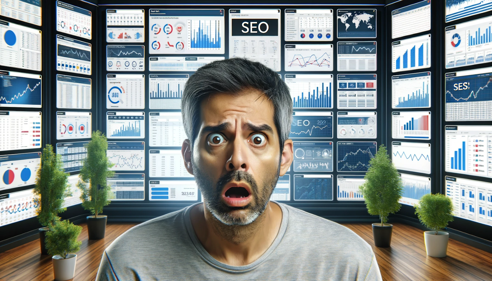 picture showing a man having difficulties with all the data and informations of classic SEO tools