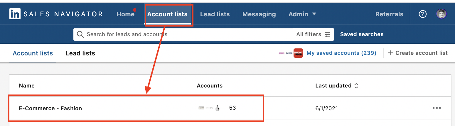 ecommerce account list tab sales navigator 