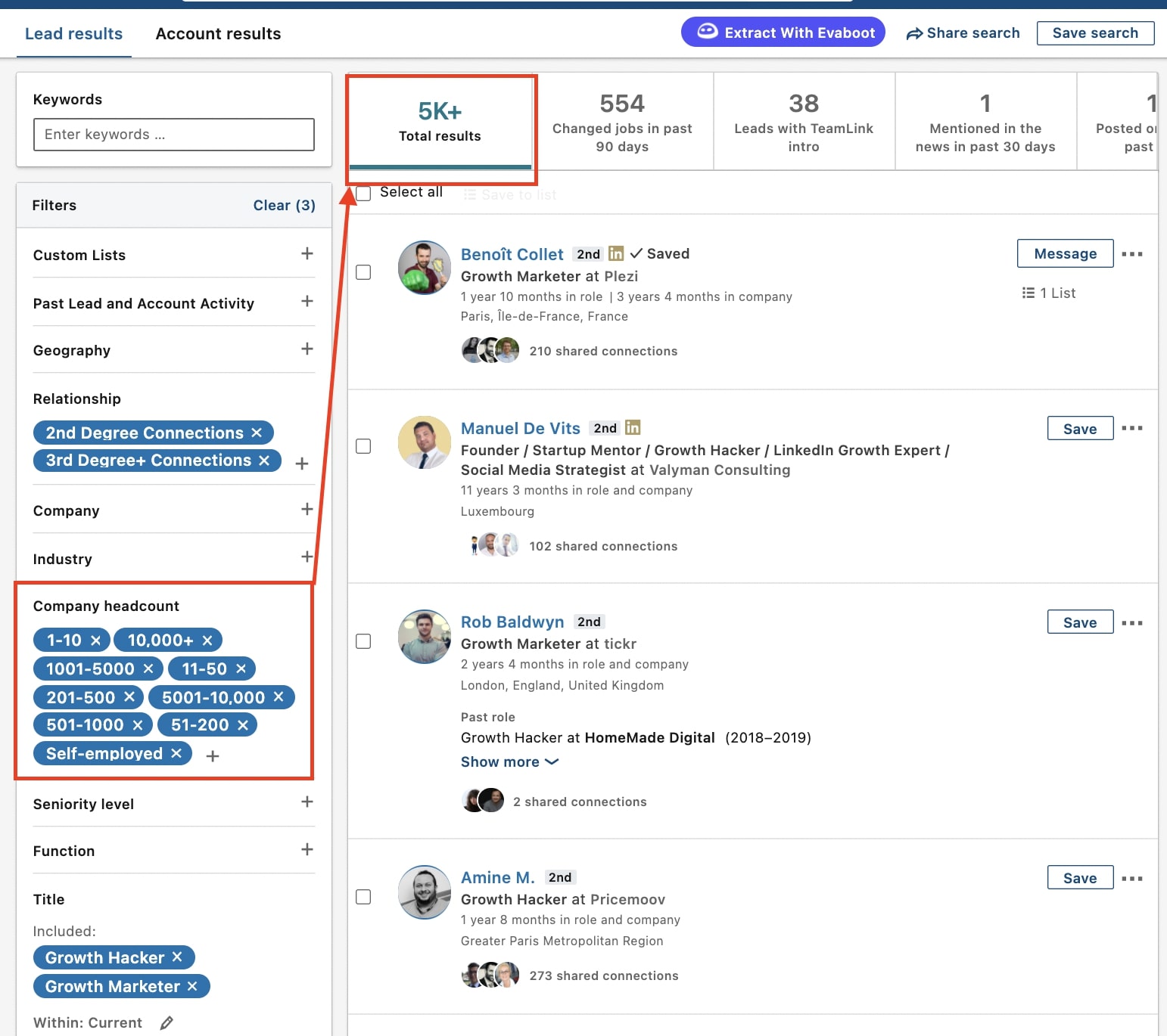 split sales navigator searches with company size