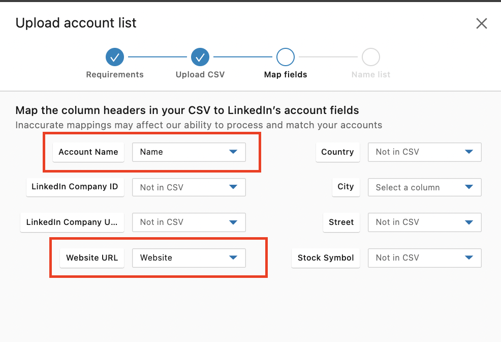 map field upload account list 