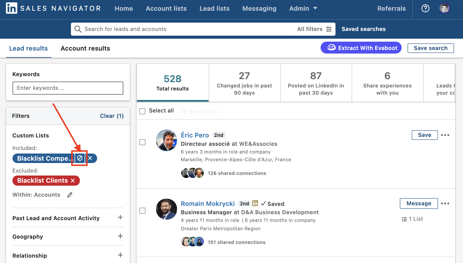 how to exclude account lists on sales navigator