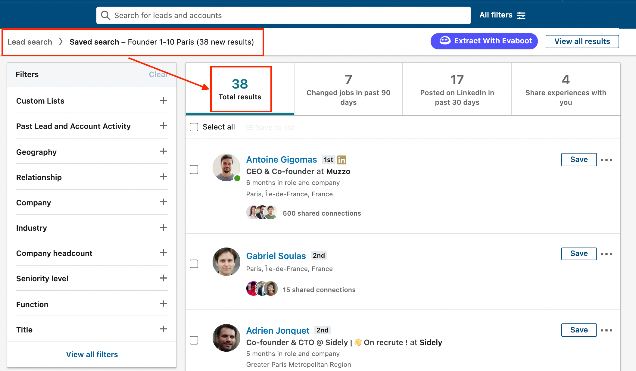 sales navigator saved searches results