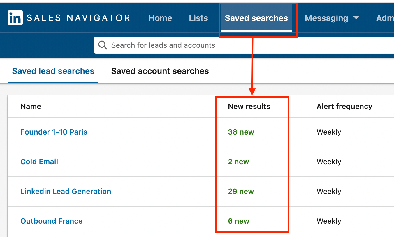 new leads saved searches sales navigator