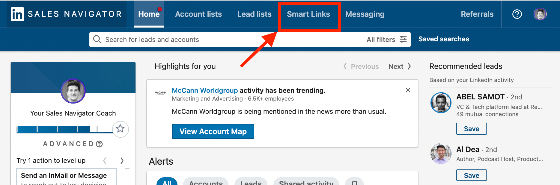 sales navigator smart links tab 
