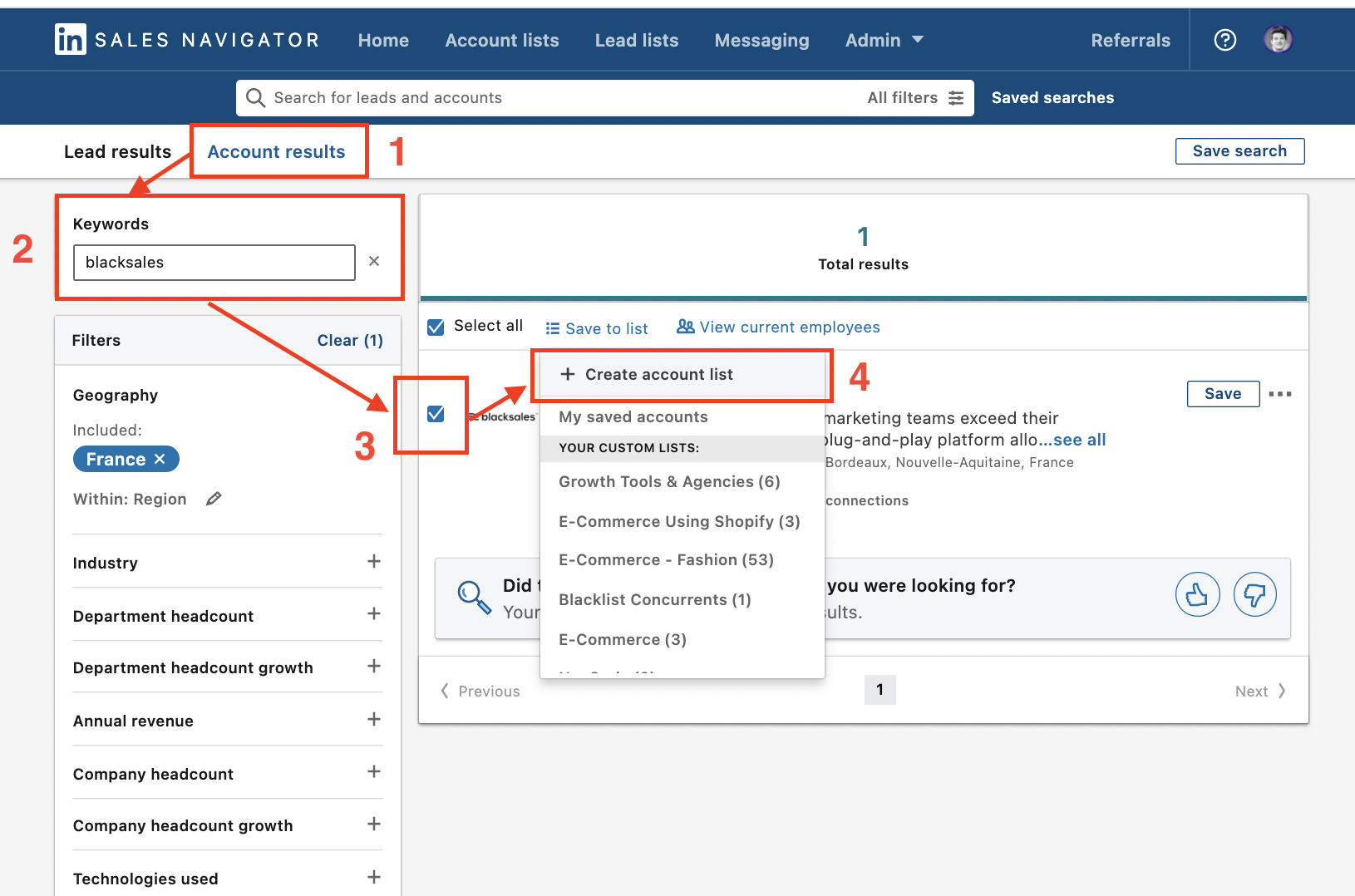 how to add accounts in a account list sales navigator