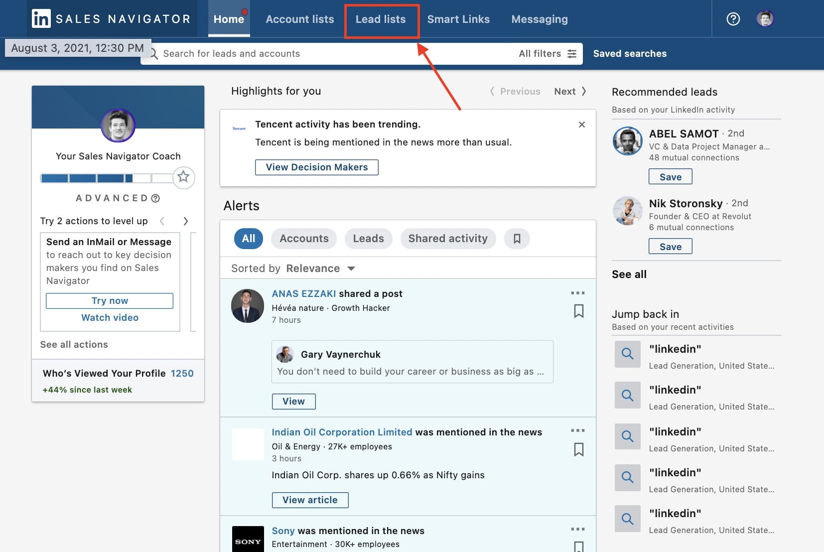 lead list tab linkedin sales navigator